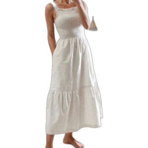 EVERLANE Cotton Smocked Floral Tiered Summer Dress White Size: 14